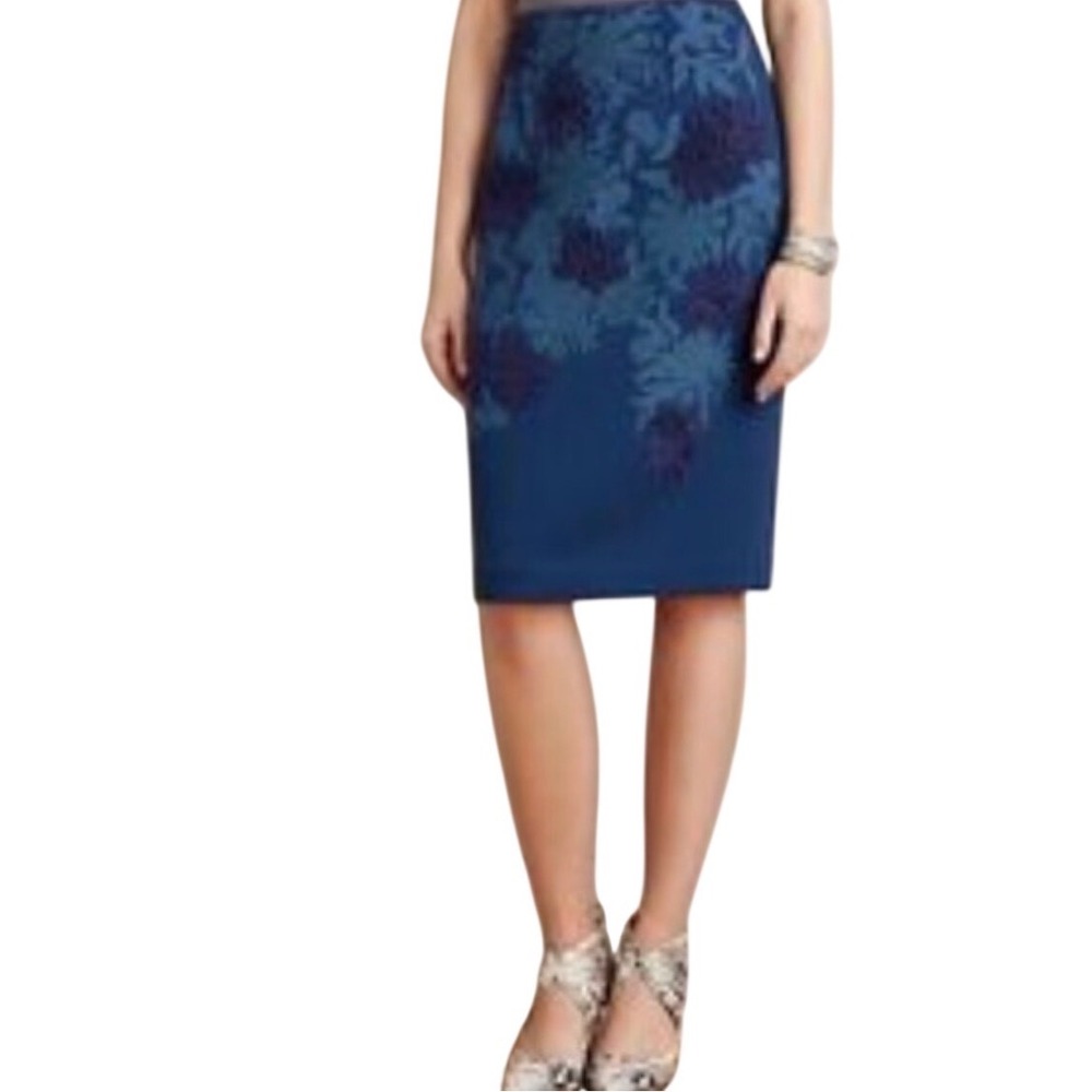 Not So Serious Anthropologie Tais Blue Floral Embroidered Pencil Skirt Size 2